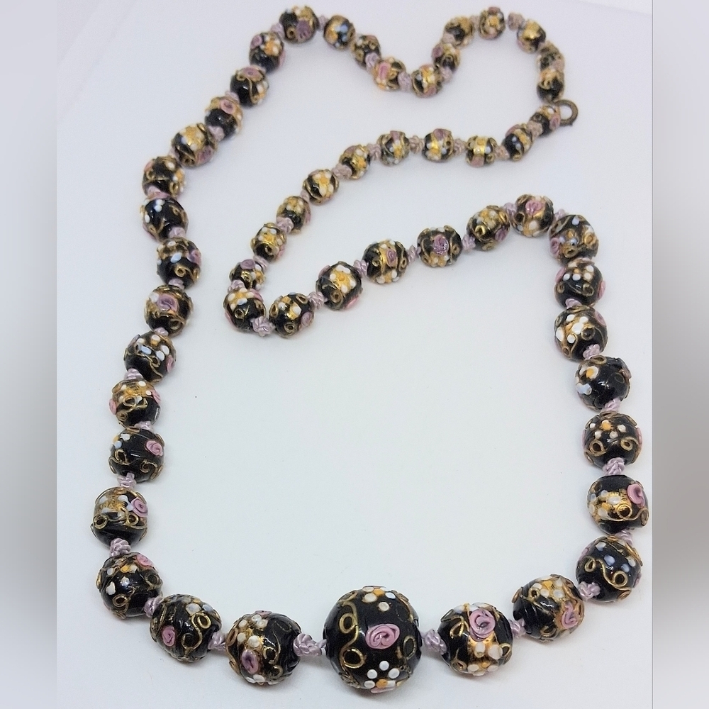 * Vintage Antique Venetian Wedding Cake Glass Bead Hand Tied Necklace